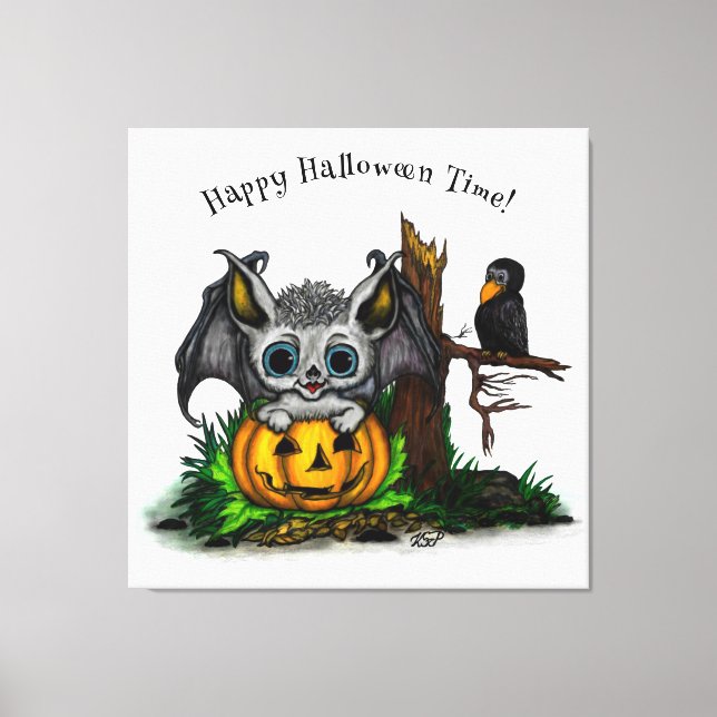 Waiting for Halloween , Cute Bat and Raven Canvas Print (Front)