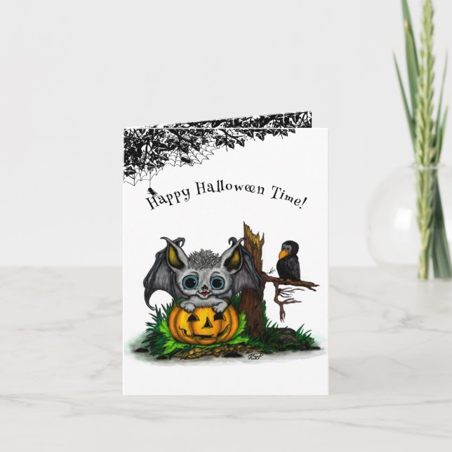 Waiting for Halloween , Cute Bat and Raven Card (Front)
