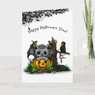 Waiting for Halloween , Cute Bat and Raven Card