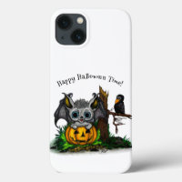 Waiting for Halloween , Cute Bat and Raven