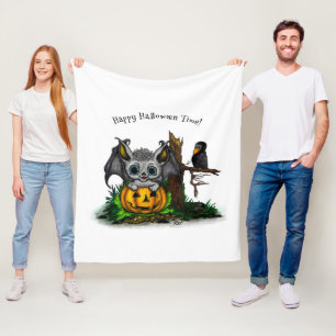 Waiting for Halloween , Cute Bat and Raven Fleece Blanket