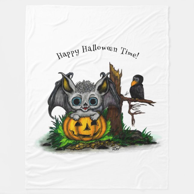 Waiting for Halloween , Cute Bat and Raven Fleece Blanket (Front)