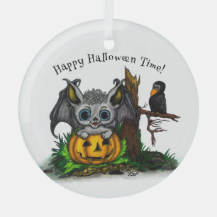Waiting for Halloween , Cute Bat and Raven Glass Tree Decoration