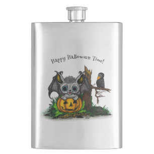 Waiting for Halloween , Cute Bat and Raven Hip Flask