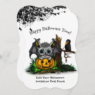Waiting for Halloween , Cute Bat and Raven Invitation