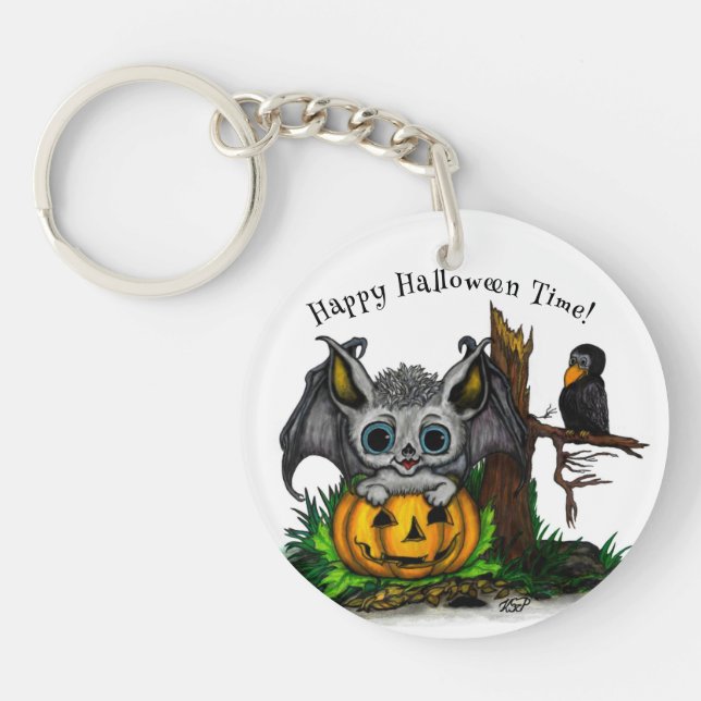 Waiting for Halloween , Cute Bat and Raven Key Ring (Front)