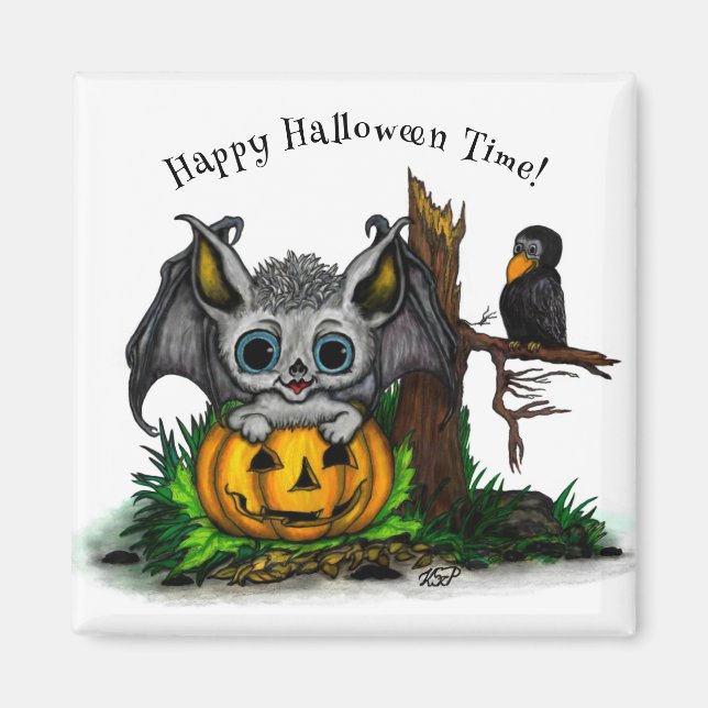 Waiting for Halloween , Cute Bat and Raven Magnet (Front)