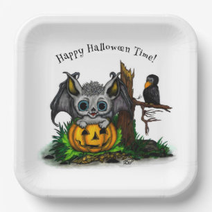 Waiting for Halloween , Cute Bat and Raven Paper Plate