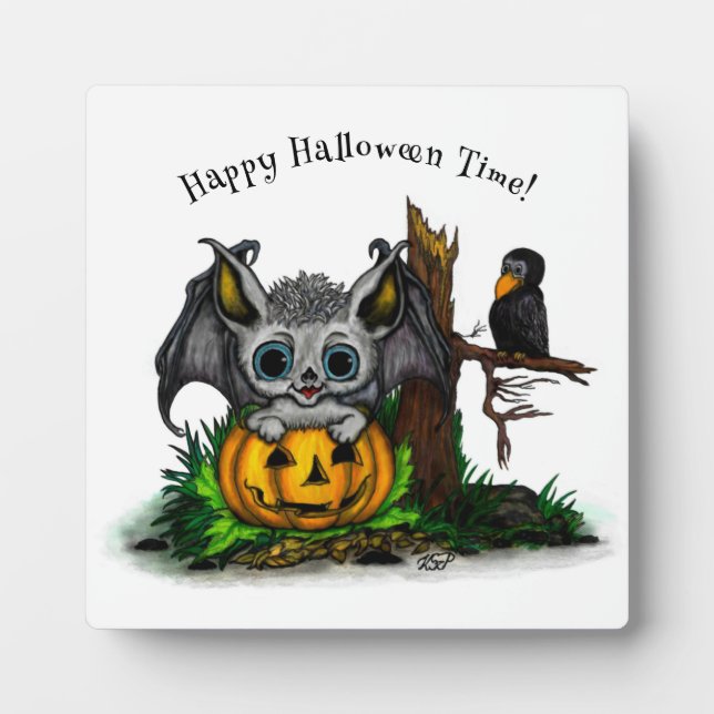 Waiting for Halloween , Cute Bat and Raven Plaque (Front)