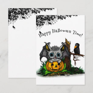 Waiting for Halloween , Cute Bat and Raven RSVP Card