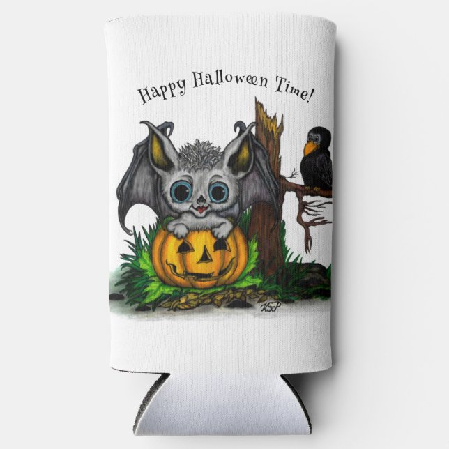Waiting for Halloween , Cute Bat and Raven Seltzer Can Cooler (Front)