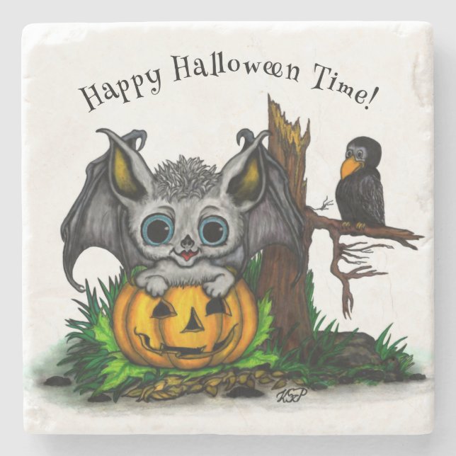 Waiting for Halloween , Cute Bat and Raven Stone Coaster (Front)