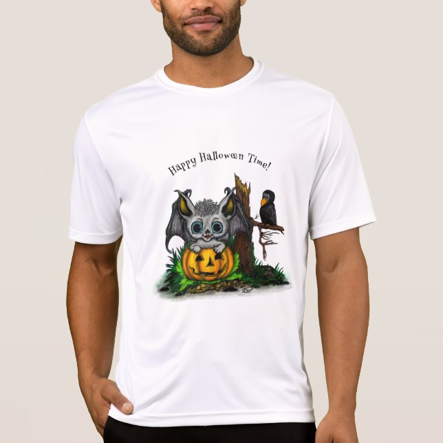 Waiting for Halloween , Cute Bat and Raven T-Shirt (Front)