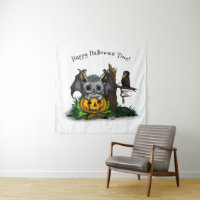 Waiting for Halloween , Cute Bat and Raven