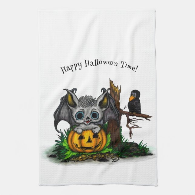 Waiting for Halloween , Cute Bat and Raven Tea Towel (Vertical)