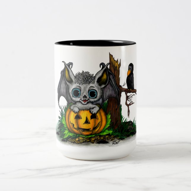 Waiting for Halloween , Cute Bat and Raven Two-Tone Coffee Mug (Center)