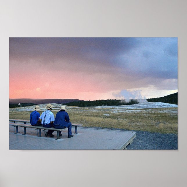 Waiting for Old Faithful Geyser at Sunset Poster (Front)