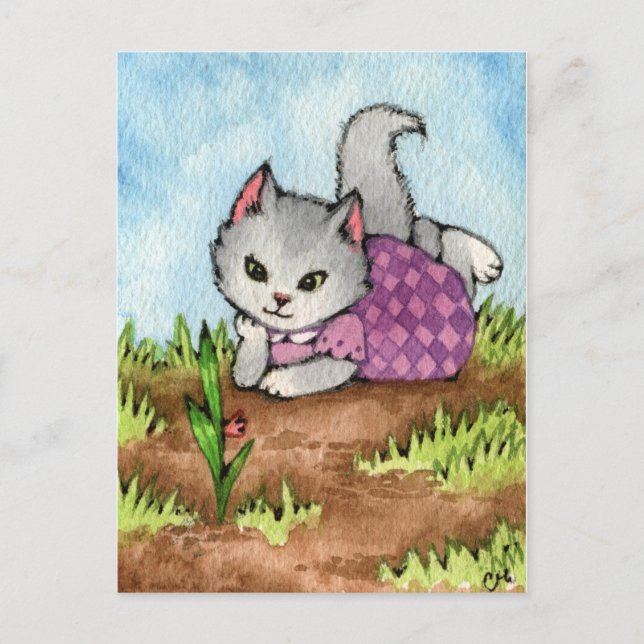 Waiting for the Garden to Grow - Cute Cat Art Postcard (Front)