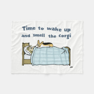 Wake Up and Smell the Corgi   Funny Dog Cartoon Fleece Blanket