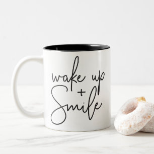 WAKE UP AND SMILE modern cute hand lettered black Two-Tone Coffee Mug