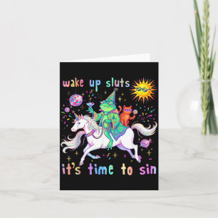 Wake Up Friends Time To Sin Funny Frog Cat Animal Card