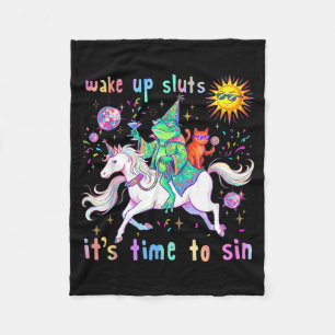 Wake Up Friends Time To Sin Funny Frog Cat Animal Fleece Blanket