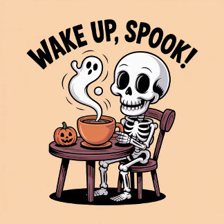 Wake Up Spook Funny Skeleton Halloween Coffee  T-Shirt