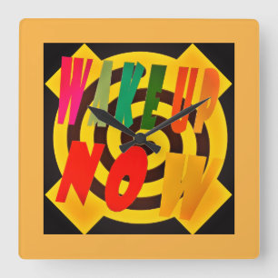 Wake you up now design block art words crossed square wall clock