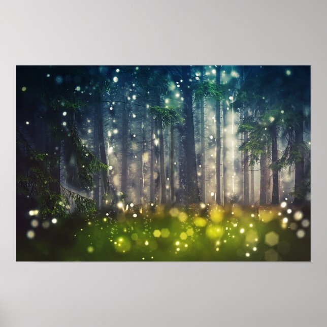 Wald, Bäume auf Waldlichtung, Dämmerung Poster (Front)