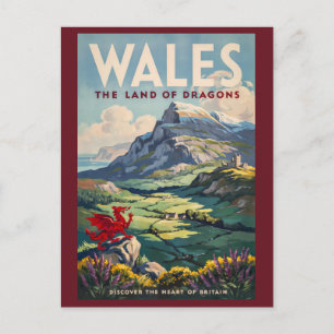 Wales Dragon Illustration Travel Art Vintage Postcard