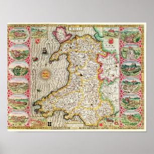 Wales, engraved by Jodocus Hondius Poster