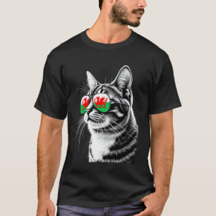 Wales Flag Cat wearing Sunglasses Welsh Flag T-Shirt