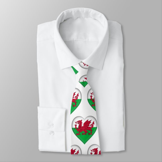 Wales Flag Colours Heart Pattern Neck Tie (Tied)