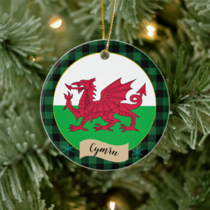 Wales, Green buffalo plaid & Welsh Flag, Cymru Ceramic Tree Decoration