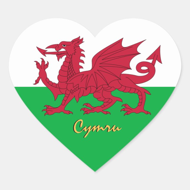 Wales Heart Sticker, Dragon, Patriotic Welsh Flag Heart Sticker (Front)