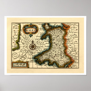 Wales - Historic 17th Century Map of Wales Poster