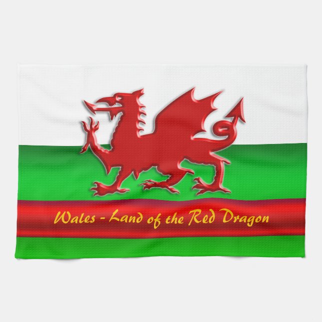 Wales - Home of the Red Dragon, metallic-effect Tea Towel (Horizontal)