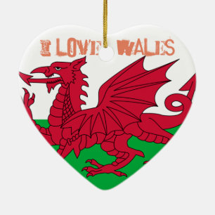 Wales Red Dragon Flag Love Heart Ceramic Tree Decoration