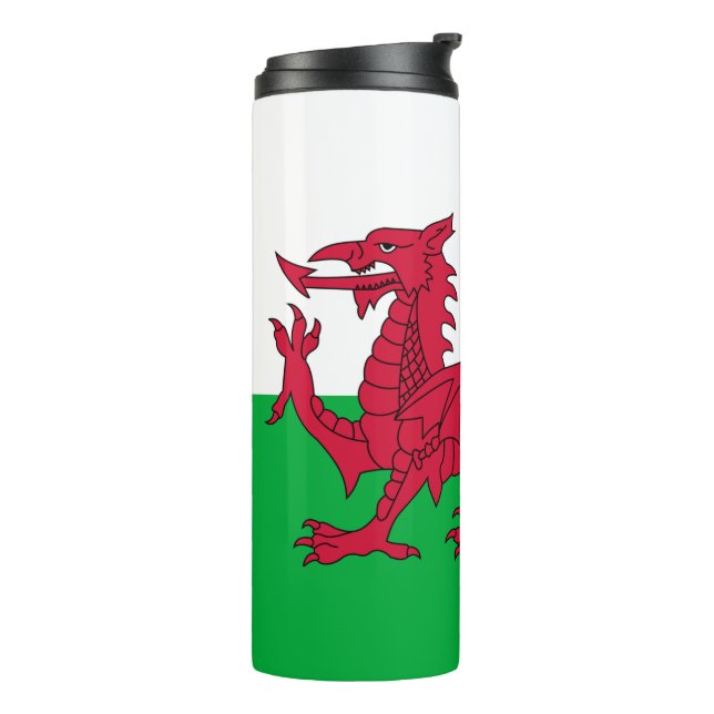 Wales Travel Mug, Cymru Dragon, Welsh Flag Thermal Tumbler (Rotated Left)