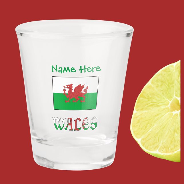 Wales Welsh Flag Green Personalisation  Shot Glass (Welsh Flag on shot glass with the word WALES below in flag colors. Add name above in green text.)