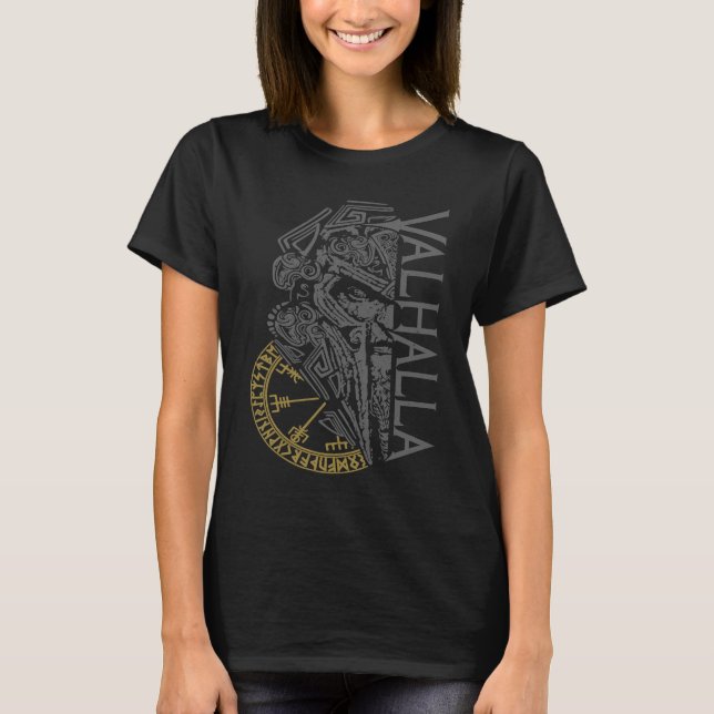 Walhalla Odin in Mask Runes Nordic Compass Viking T-Shirt (Front)