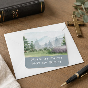 Walk By Faith Bible Quote WATERCOLOR Woodland Square Sticker