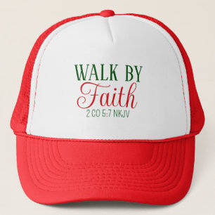 Walk by Faith Bible Verse Red and White Festive Trucker Hat