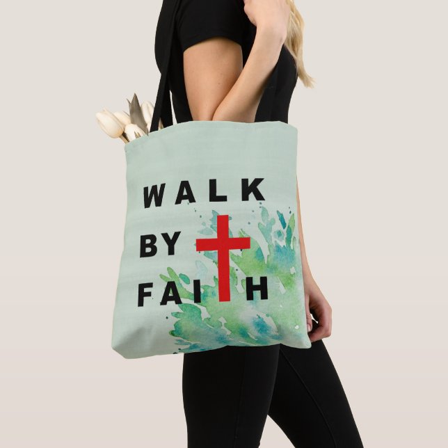 Walk by Faith Christian Cross Bible Qote Tote Bag (Close Up)