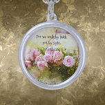Walk By Faith Sterling Sliver Plated Necklace<br><div class="desc">This sterling silver plated round floral pendant necklace features the inspiring scripture: "For we walk by faith,  not by sight."  2 Corinthians 5:7. A beautiful expression of faith and encouragement,  perfect for daily wear or gifting. Its elegant floral design makes it a thoughtful and uplifting piece for her.</div>