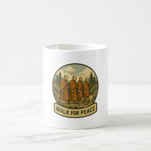 Walk for Peace – Minimalist Monks and Dog Badge Coffee Mug