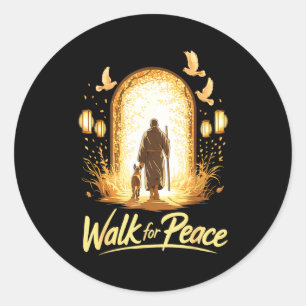 Walk for peace spiritual monk with dog and doves classic round sticker