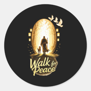 Walk for peace spiritual monk with dog and doves classic round sticker