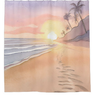 Walk on the Beach Ocean Watercolor Shower Curtain