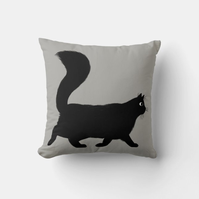 Walking Black Cat | Cool Kitty with Fluffy Tail Cushion (Front)
